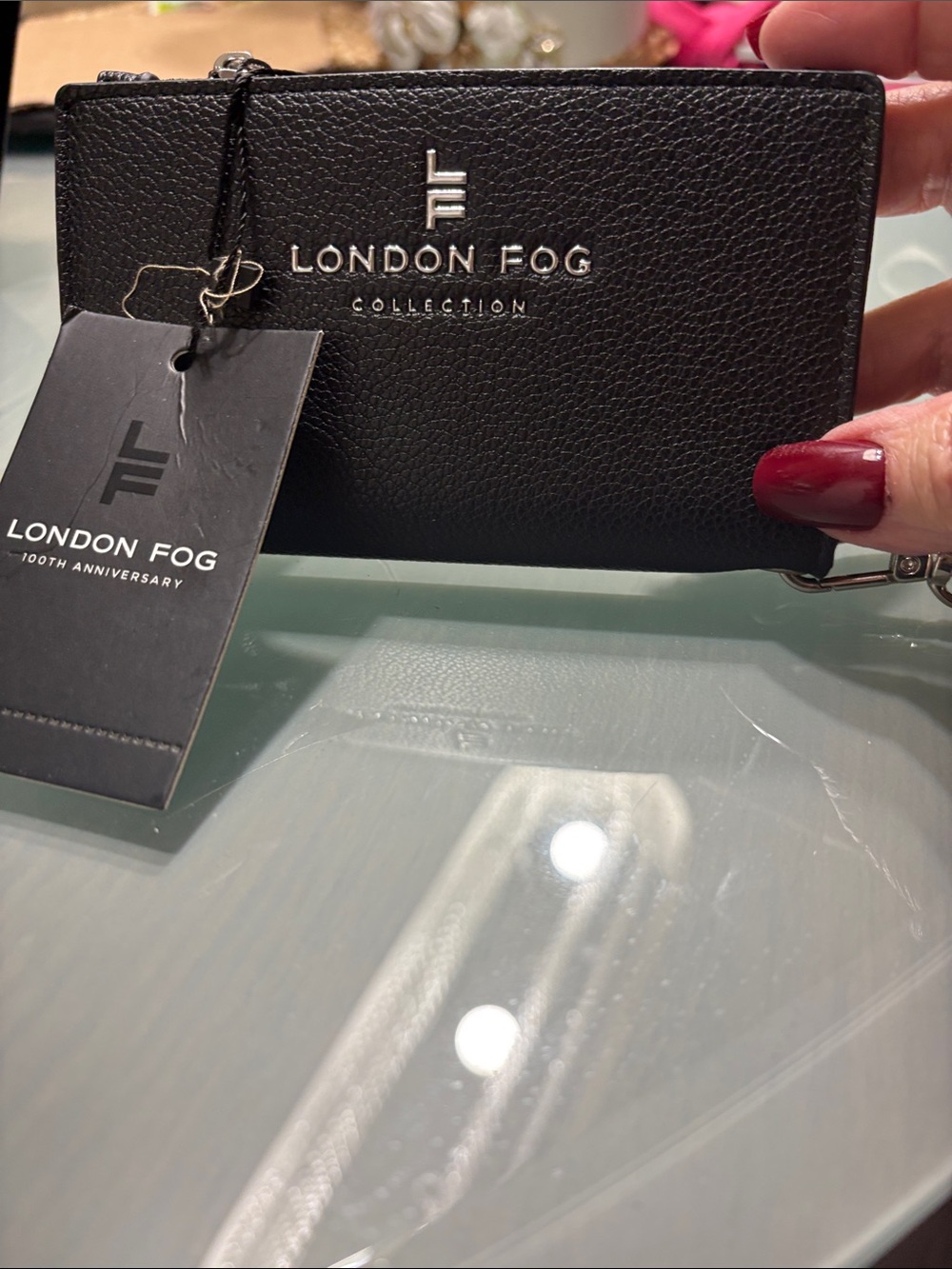 London Fog Black Textured Leather Card Case with Key Clip